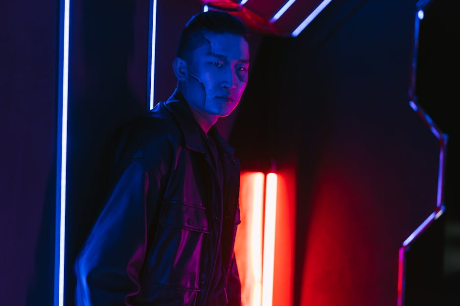 A man in a cyberpunk setting with dramatic neon lighting, exuding a futuristic vibe.