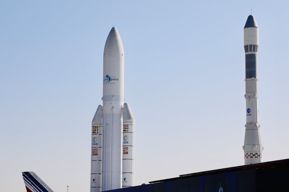 Elevated view of space rockets at Le Bourget Air Show in France on a clear day.
