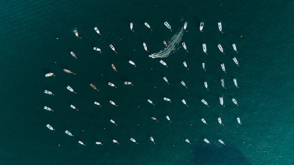 Aerial photo of multiple boats aligned on open sea, creating a geometric pattern.