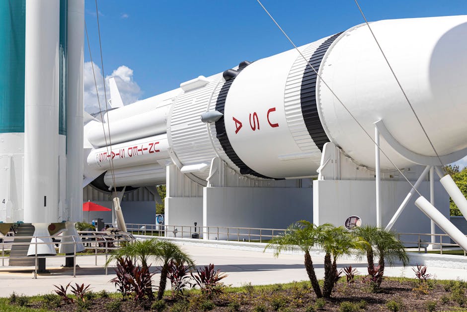 Outdoor display of a NASA rocket at Kennedy Space Center showcasing aerospace technology.