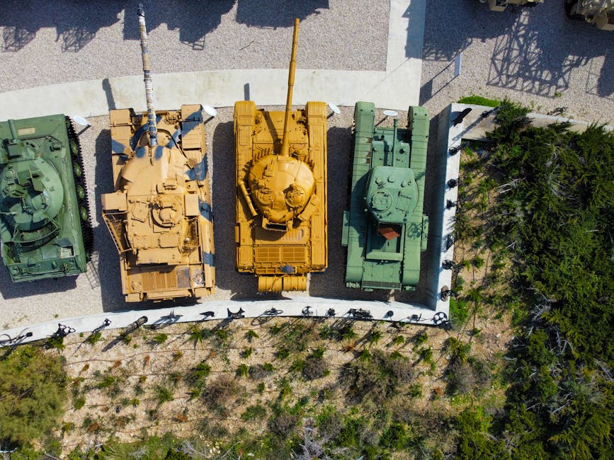 Drone shot of military tanks displayed outdoors at a museum in Jerusalem, Israel.