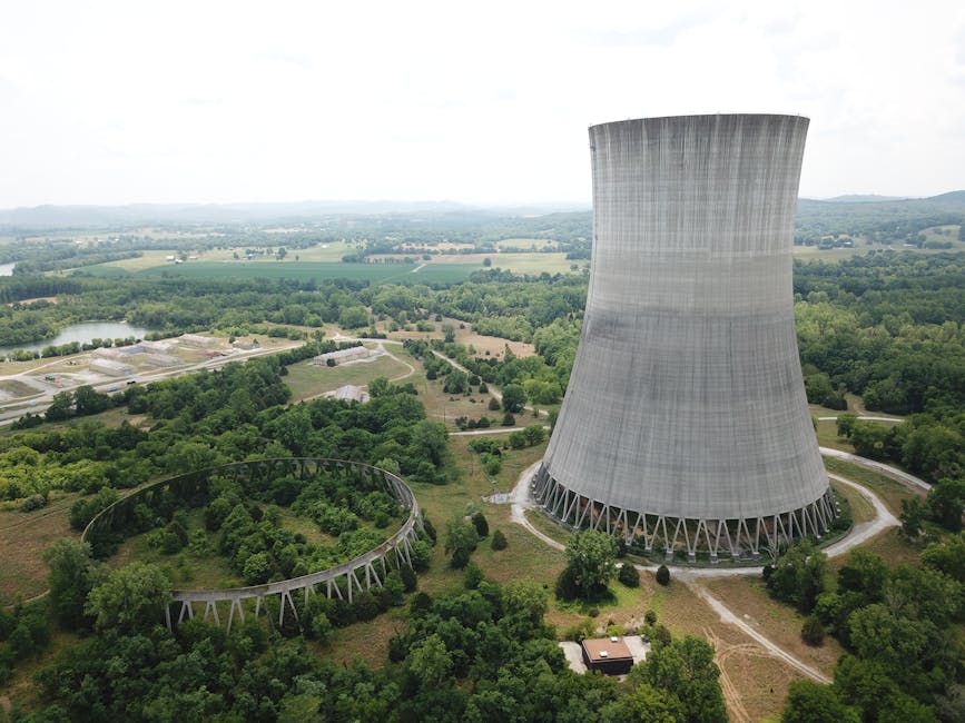 Abandoned cooling tower amidst greenery, showcasing industrial architecture in a serene outdoor setting.